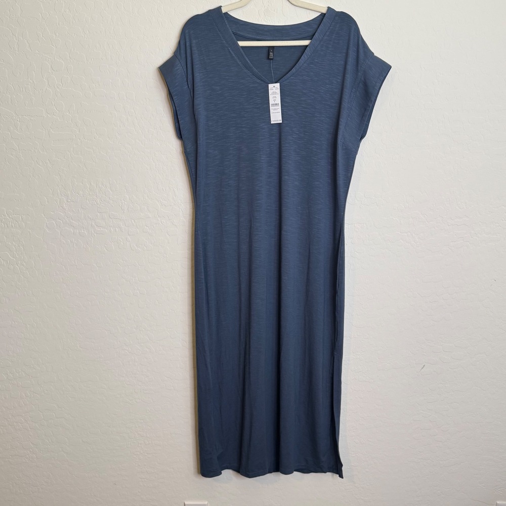 NWT White House Black Market Womens Rayon Dress L Blue Slub V-Neck Midi Minimal